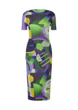CurveKind ™Miyake Pleated Geometric Pattern Short Sleeve Dress
