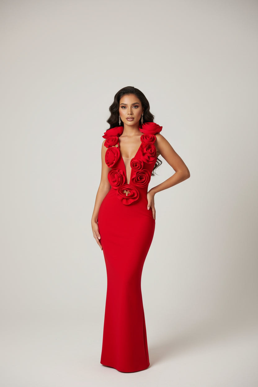 Red V-Neck Bodycon Maxi Dress