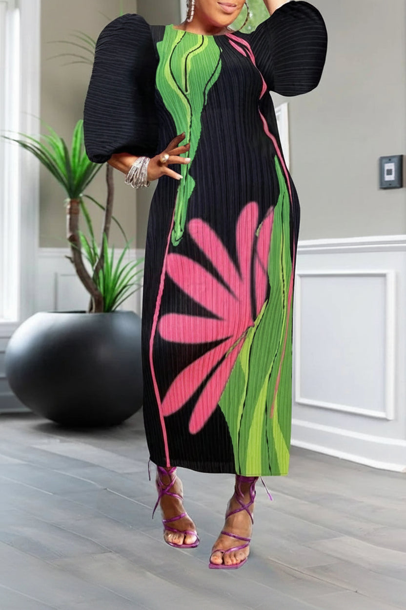 Lantern Sleeve Patchwork Pleated Dress by Crystal Crystina, alternate view 6