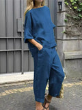 2 Piece Set - Half Sleeve O Neck Top And Loose Pocket Pant