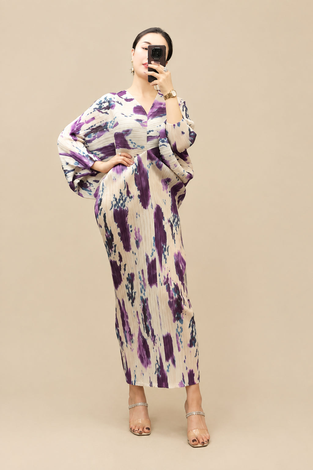 CurveKind™ Hand-Painted Print Batwing Dress