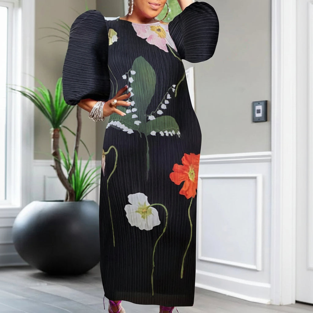 Lantern Sleeve Patchwork Pleated Dress