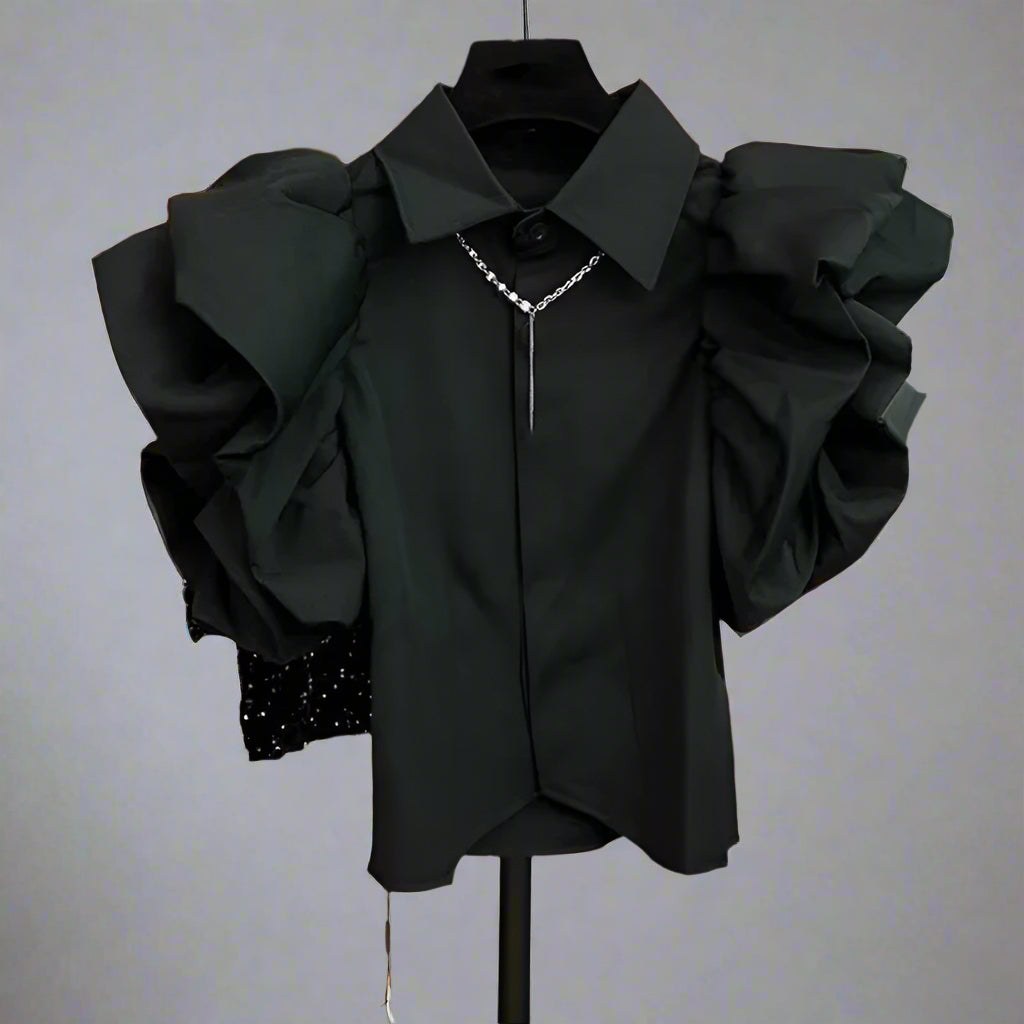 Exaggerated Ruffled Sleeve Black Slim Fit Blouses