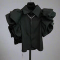 Exaggerated Ruffled Sleeve Black Slim Fit Blouses