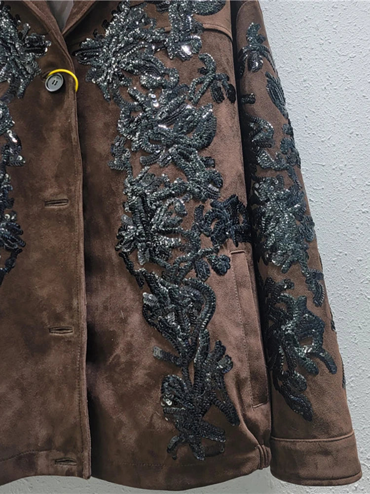 Notched Collar Sequin Embroidery Suede Blazer