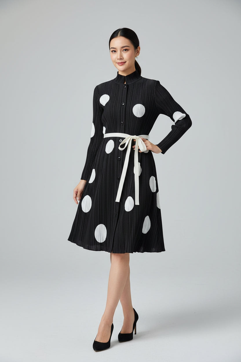 CurveKind™ Polka Dot Pleated Shirt Dress by Crystal Crystina, primary view