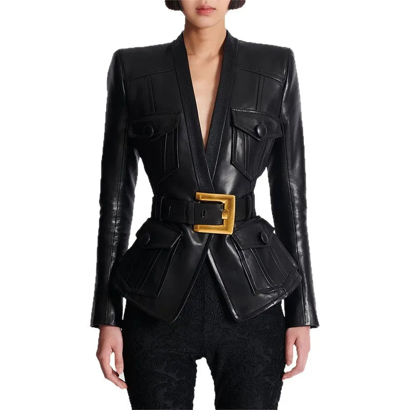 Slim Fit Leather Motorcycle Jacket – Multi-Pocket Design by Crystal Crystina, alternate view 3