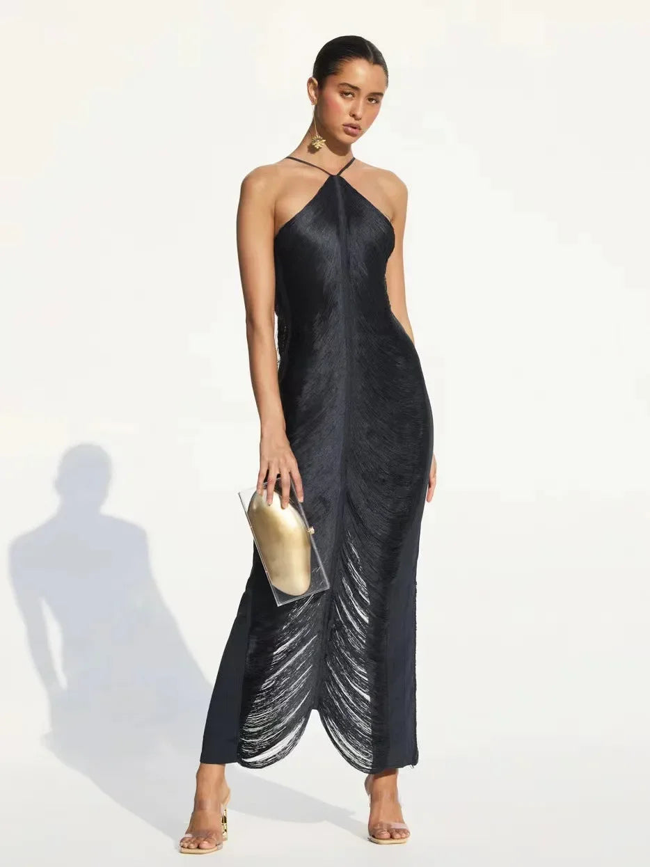 Tassel Back Slit Neck Hanging Dress by Crystal Crystina, alternate view 3