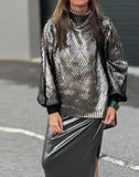 Casual Metallic Knit Turtleneck Sweater