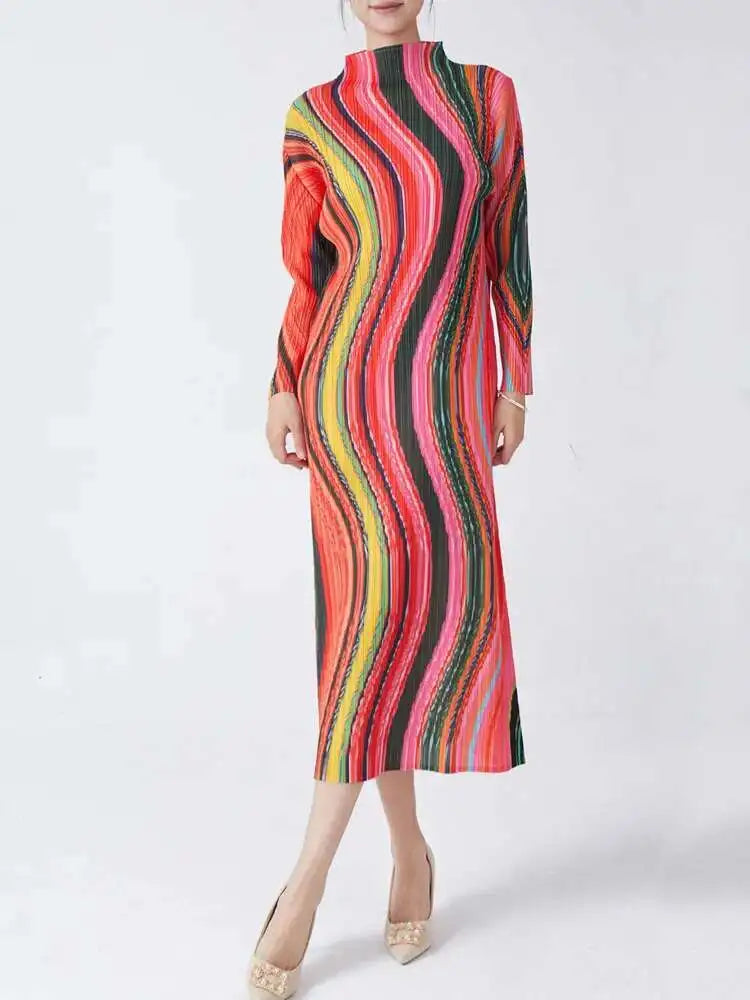 CurveKind™ Striped High-Neck Pleated Midi Dress by Crystal Crystina, alternate view 6