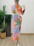 CurveKind™ Printed Stand-Collar Pleated Dress