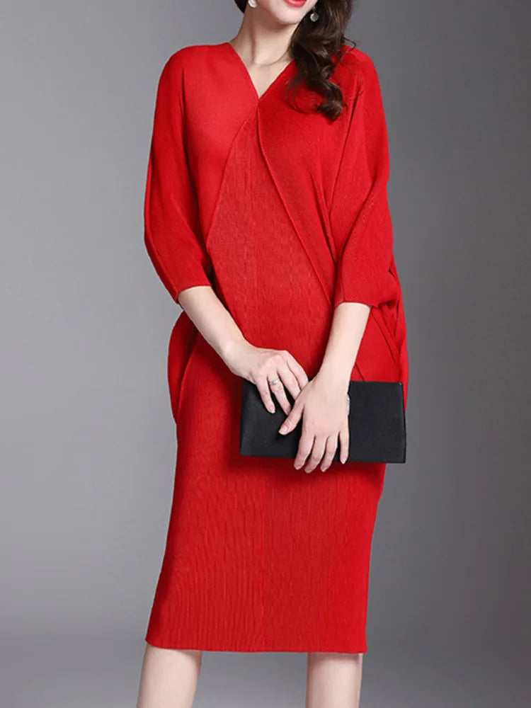 CurveKind™ Solid Pleated Batwing Mid-Calf Dress by Crystal Crystina, alternate view 2