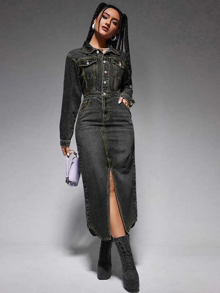 Turn-Down Collar Denim Maxi Dress by Crystal Crystina, primary view