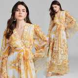 Golden White Porcelain Flower Print Maxi Dress