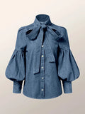 Bow-Embellished Denim Blouse Top