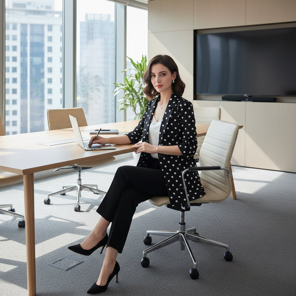 Black shirt with white polka dot pattern on a gray surface