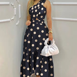 Polka Dot Sleeveless Cross-Waist Dress