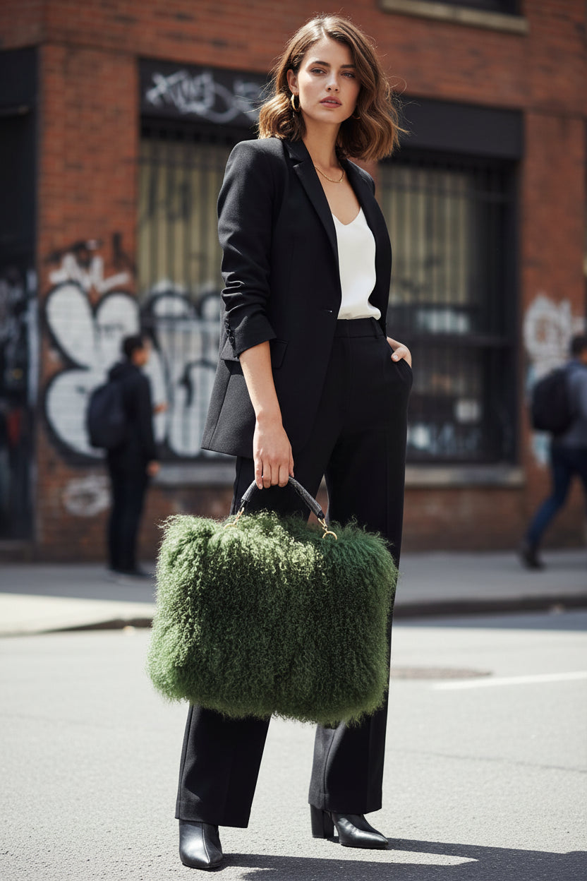 Green fluffy handbag on a white background