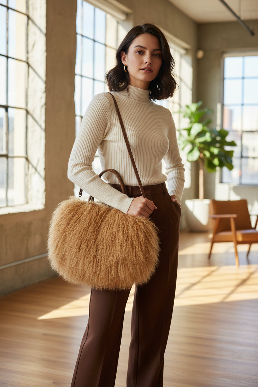 Brown fluffy handbag on a white background