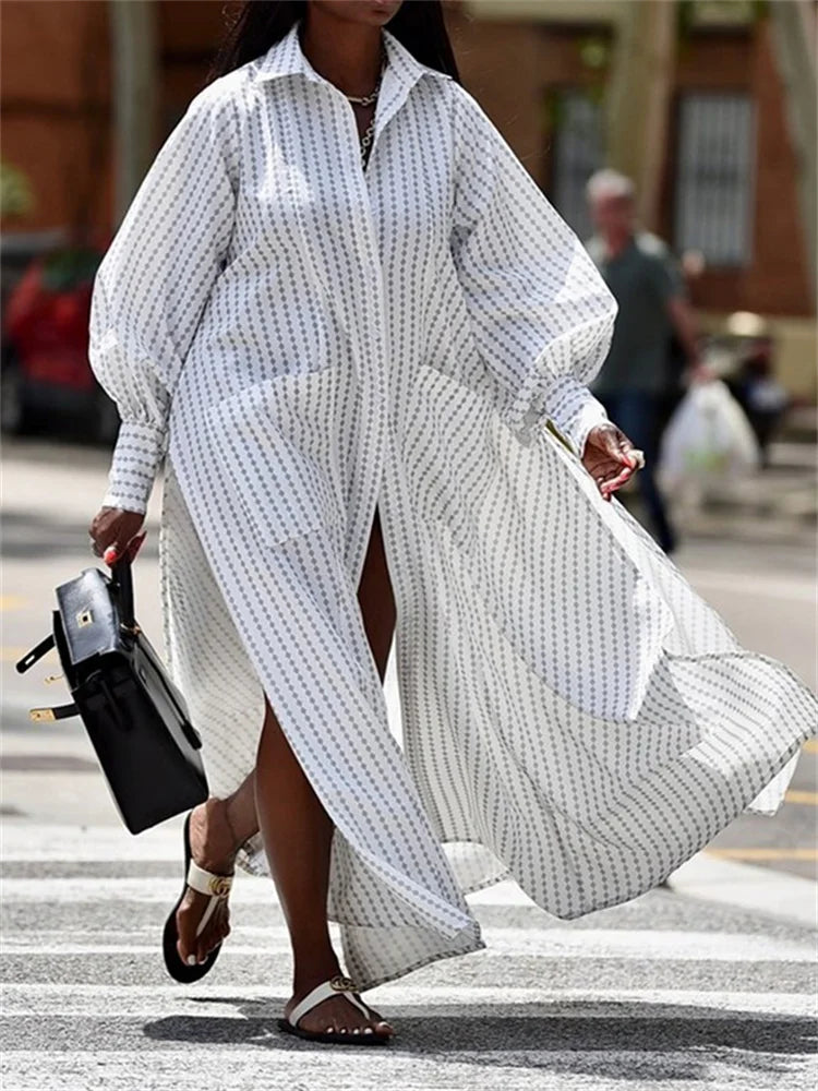 Buttoned Split-Side Cotton Maxi Shirt Dress by Crystal Crystina, alternate view 2