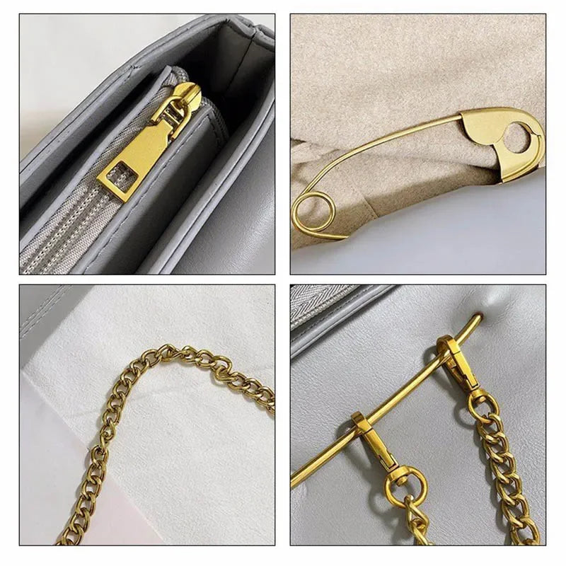 Safety Pin Leather Handbag with Shoulder Chain Strap