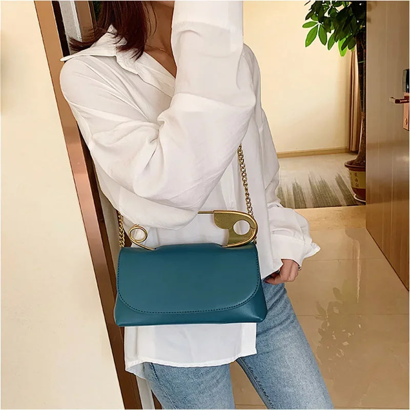 Safety Pin Leather Handbag with Shoulder Chain Strap