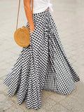 Pleated Bohemian Gingham Print A-Line Maxi Skirt with Pockets