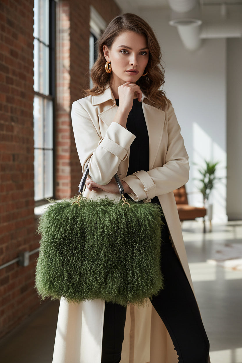 Green fluffy handbag on a white background