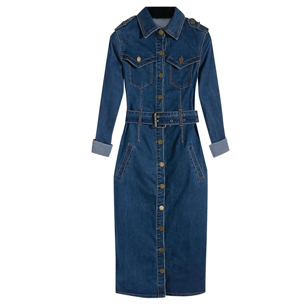 Button-Up Mid-Calf Denim Dress by Crystal Crystina, primary view