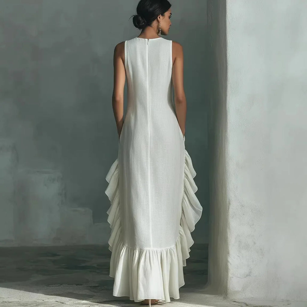 Woman wearing a white dress with ruffled layers standing in a softly lit room.