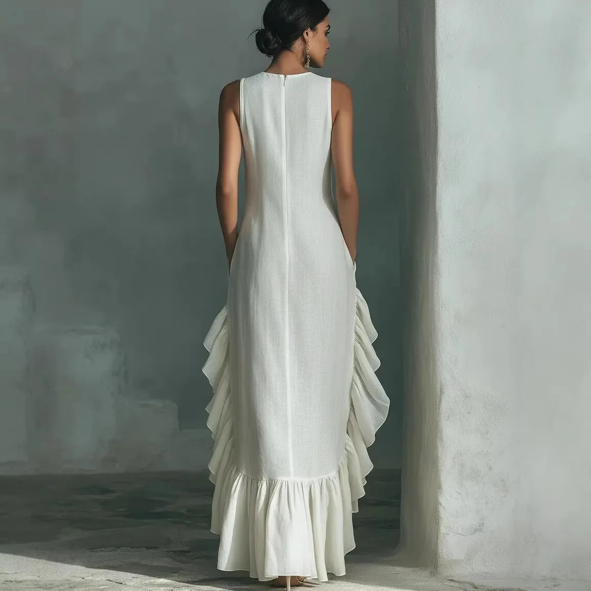 Woman wearing a white dress with ruffled layers standing in a softly lit room.