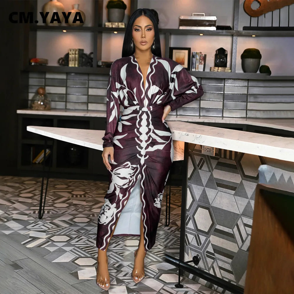 CM.YAYA Women Paisley Geometrical 3D Print Full Sleeve Ruched Deep V-neck Bodycon Midi Maxi Dress 2024 Sexy Club Party Dresses