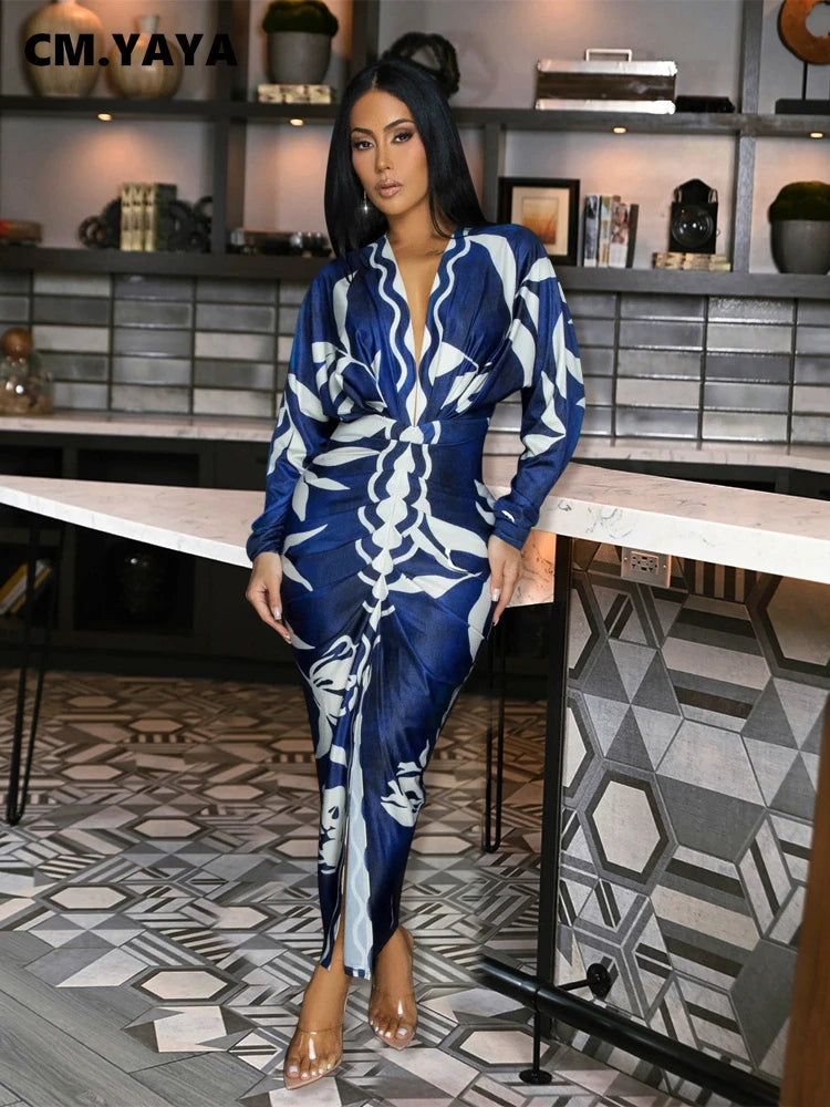 CM.YAYA Women Paisley Geometrical 3D Print Full Sleeve Ruched Deep V-neck Bodycon Midi Maxi Dress 2024 Sexy Club Party Dresses