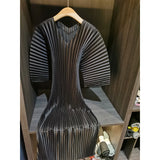 Pleated V-Neck Midi Dress with Mid Sleeves