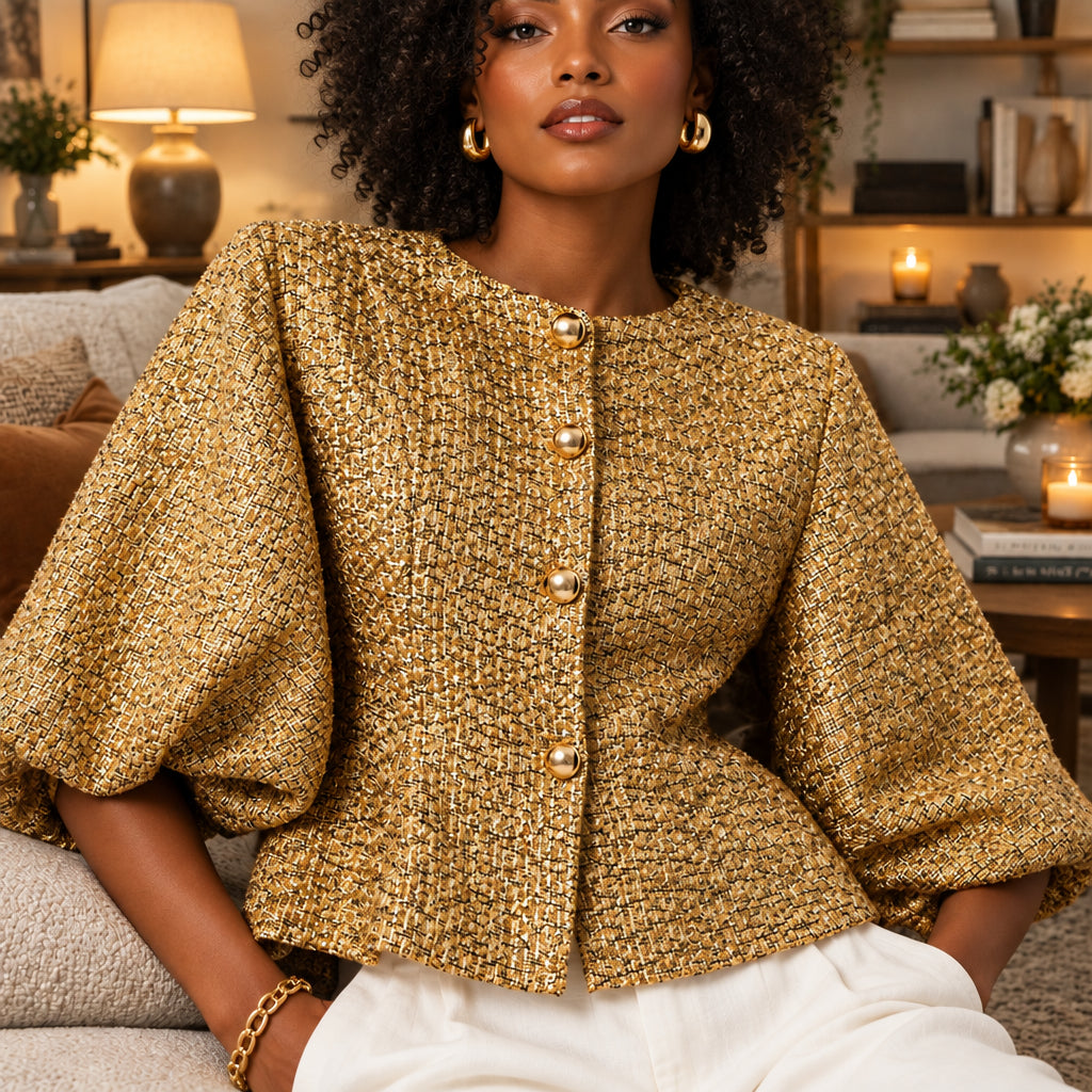 Gold Tweed Puff Sleeve Peplum Jacket