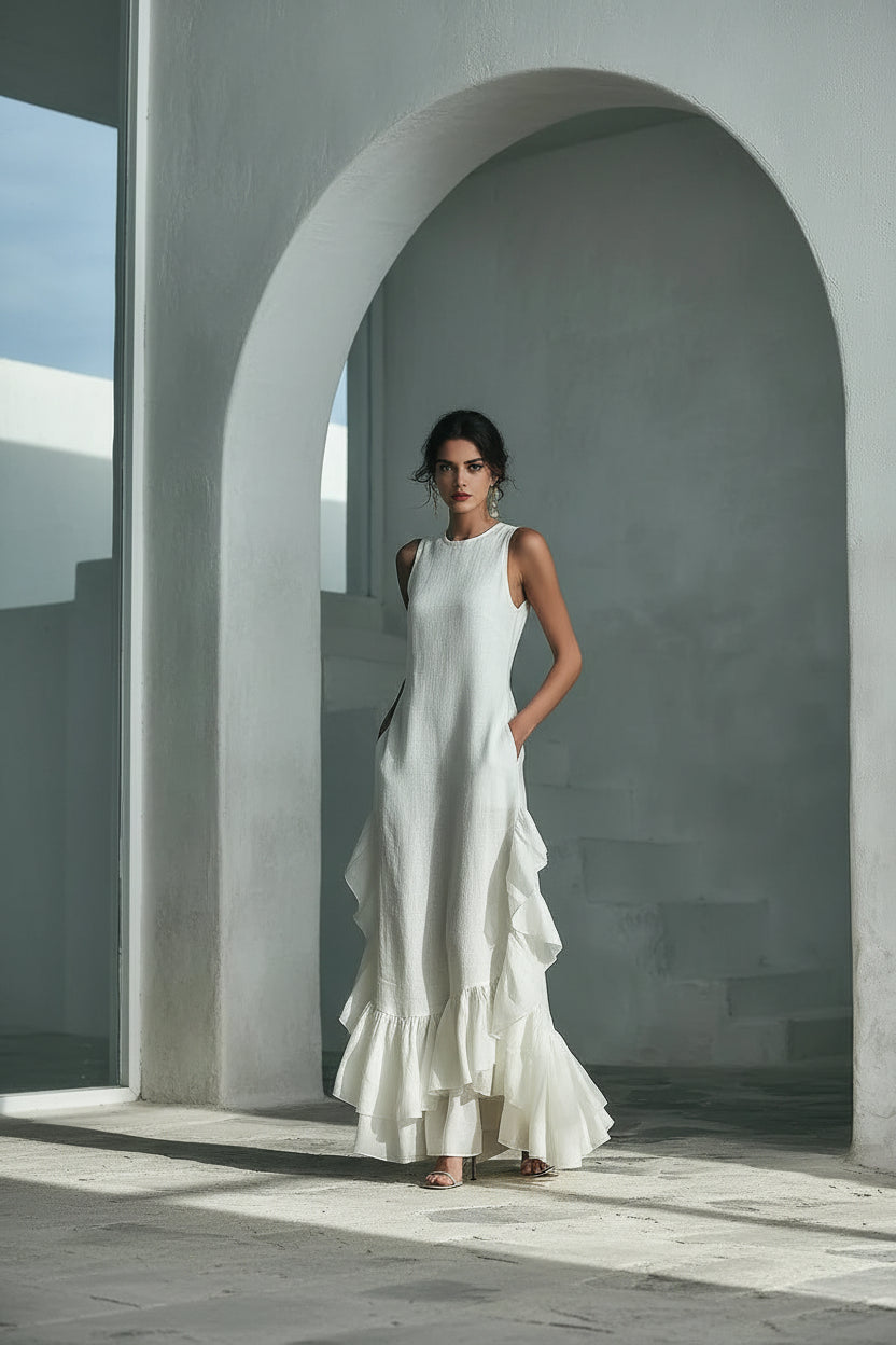 Woman wearing a white dress with ruffled layers in a minimalistic setting.