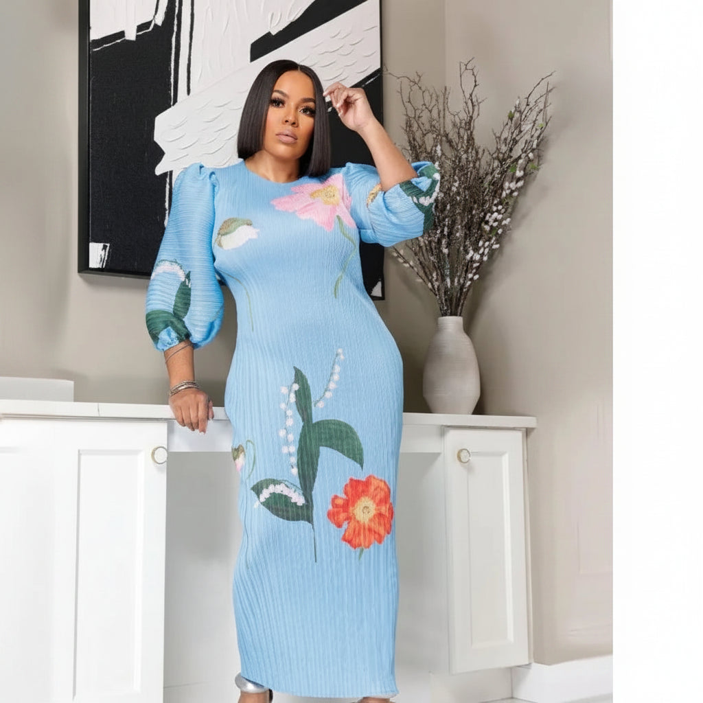 Floral Print Lantern Sleeve Dress