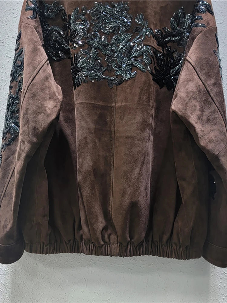 Notched Collar Sequin Embroidery Suede Blazer