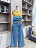 Ruched Waist Wide Leg Denim Trouser