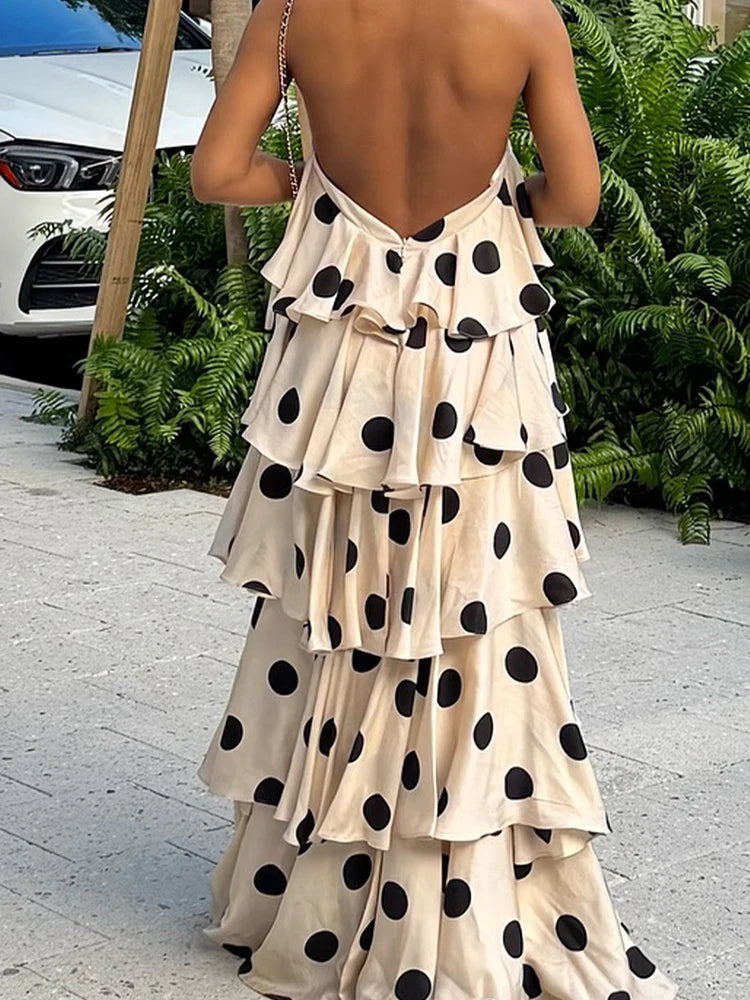 Polka Dot Halter Backless Ruffle Dress by Crystal Crystina, alternate view 2