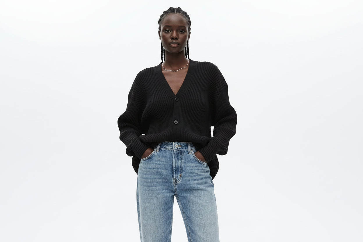 Person wearing a dark ribbed sweater with a blurred background