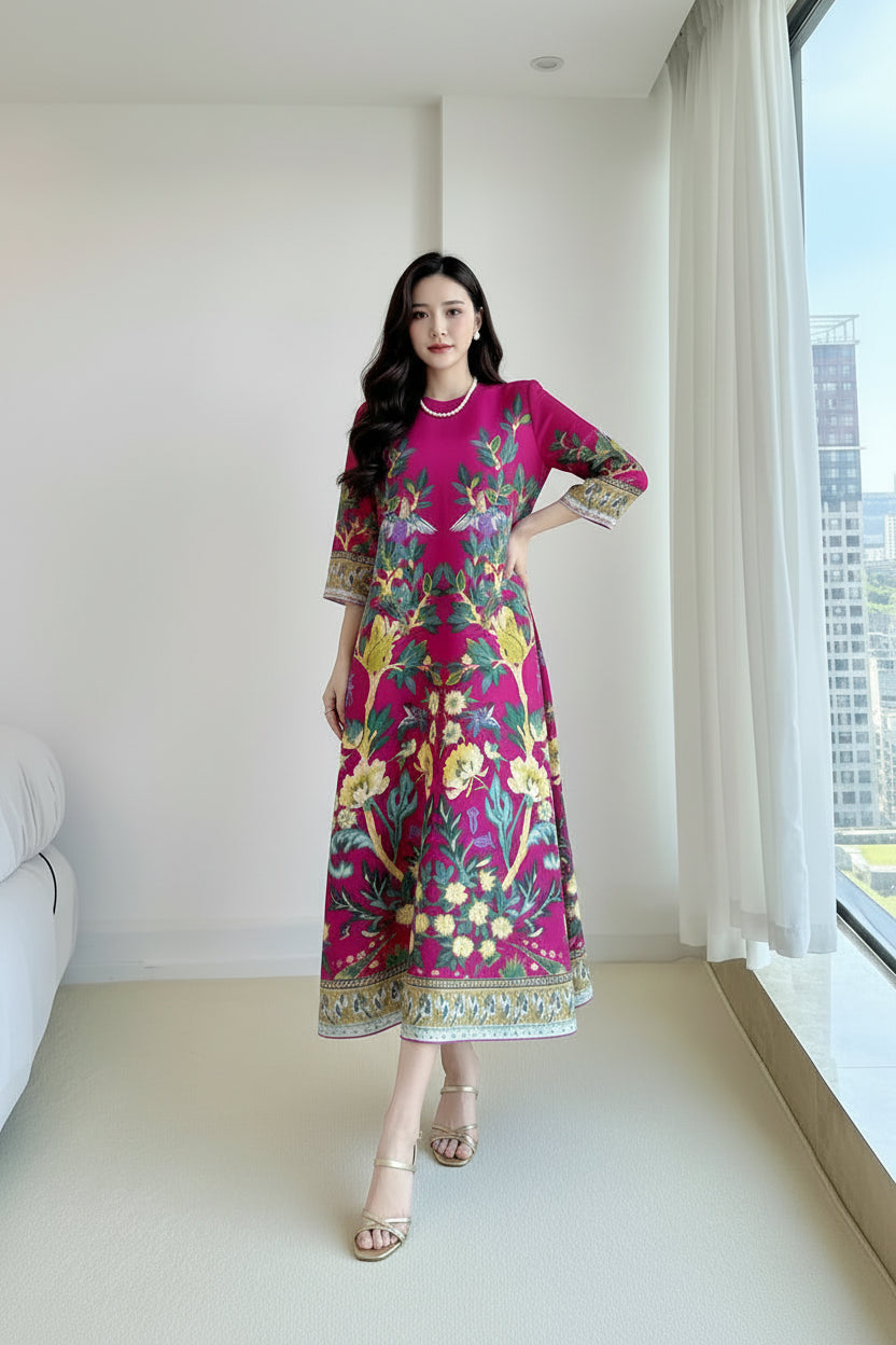Person wearing a vibrant floral dress in a room with a large window.