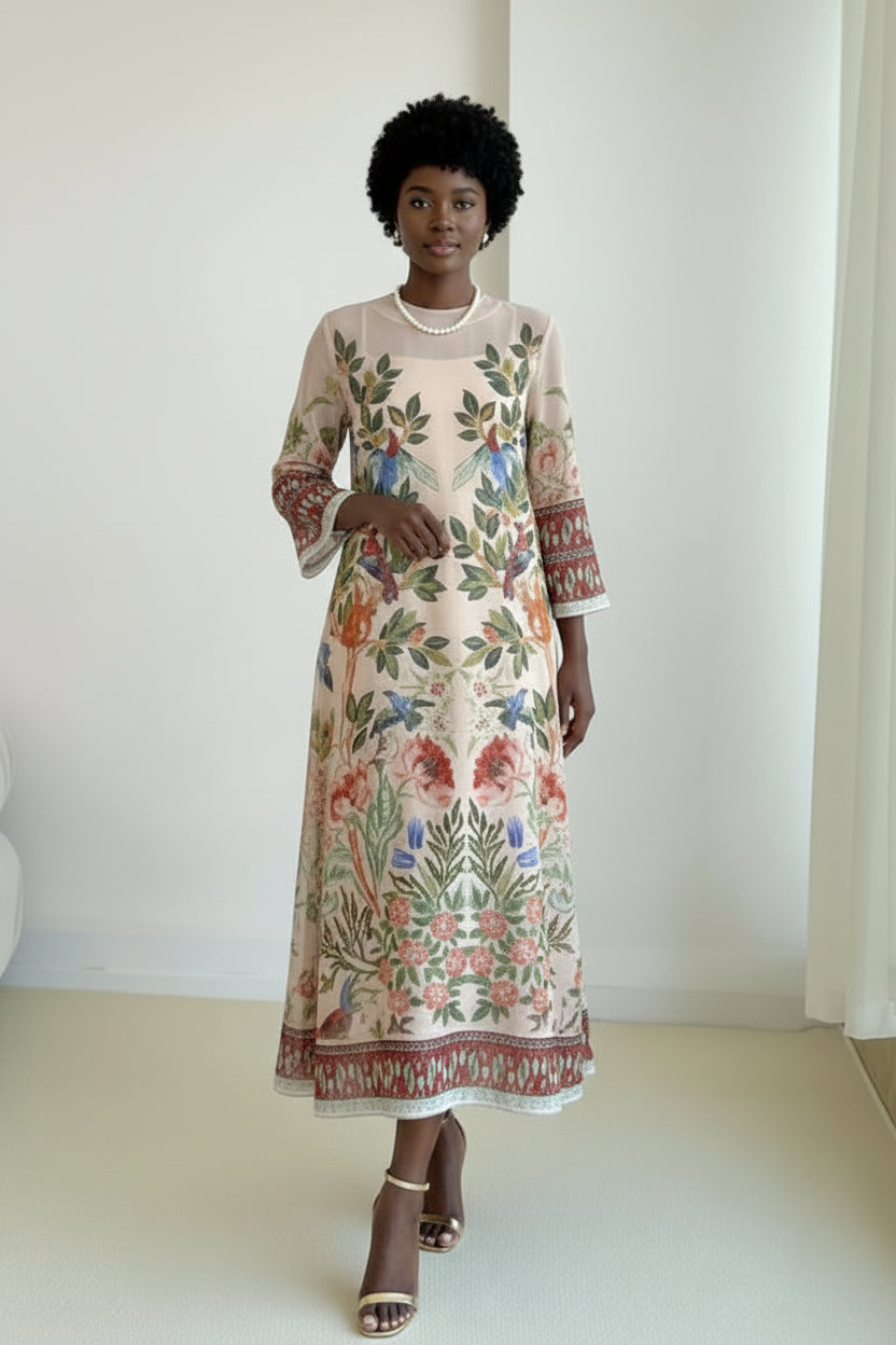 Person wearing a floral dress taking a mirror selfie in a room with a couch and window.