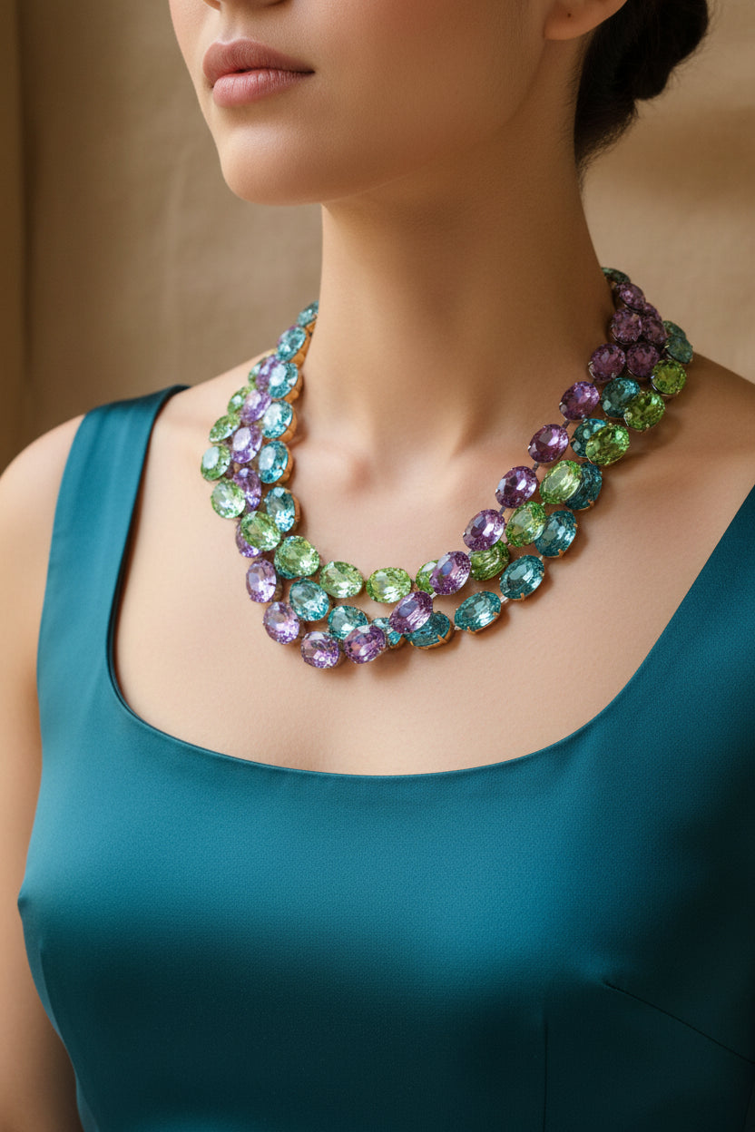 Colorful gemstone necklace on a beige stand with a wooden background