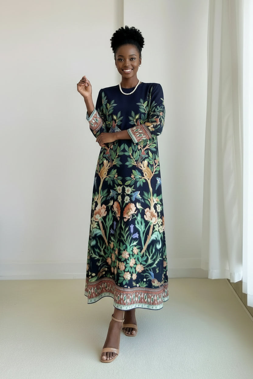 Person wearing a floral dress taking a mirror selfie in a room with white curtains.