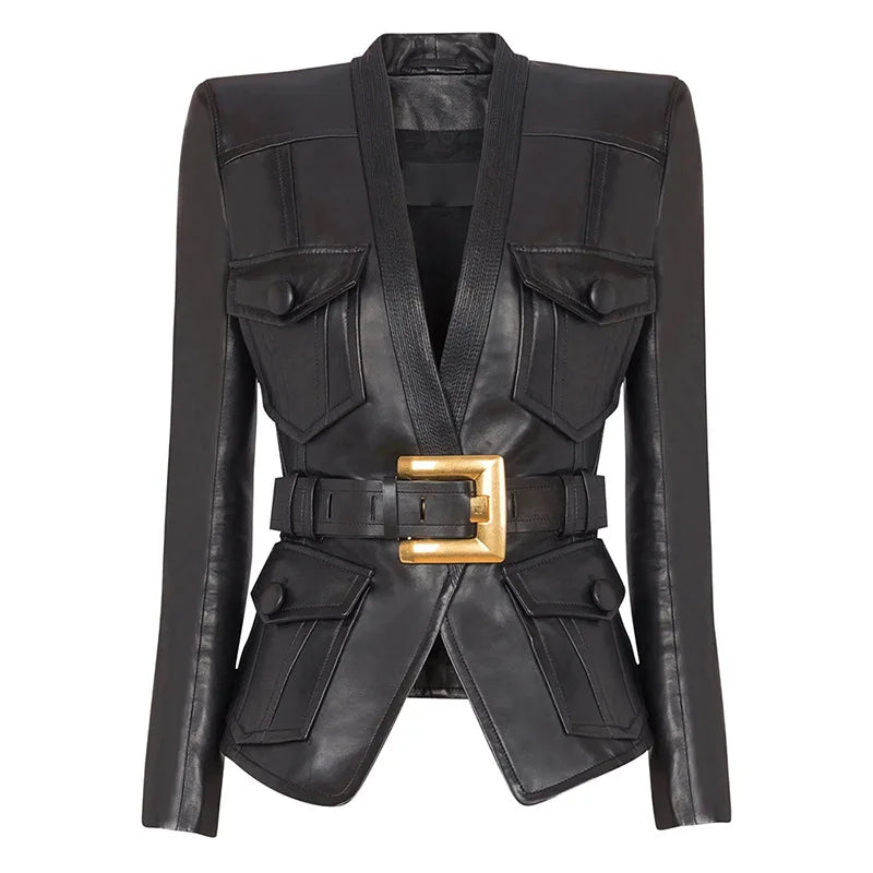 Slim Fit Leather Motorcycle Jacket – Multi-Pocket Design by Crystal Crystina, alternate view 2