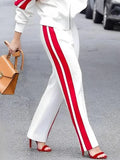 High Neck Zippered Loose Fit Jacket and High Waist Side-striped Pants