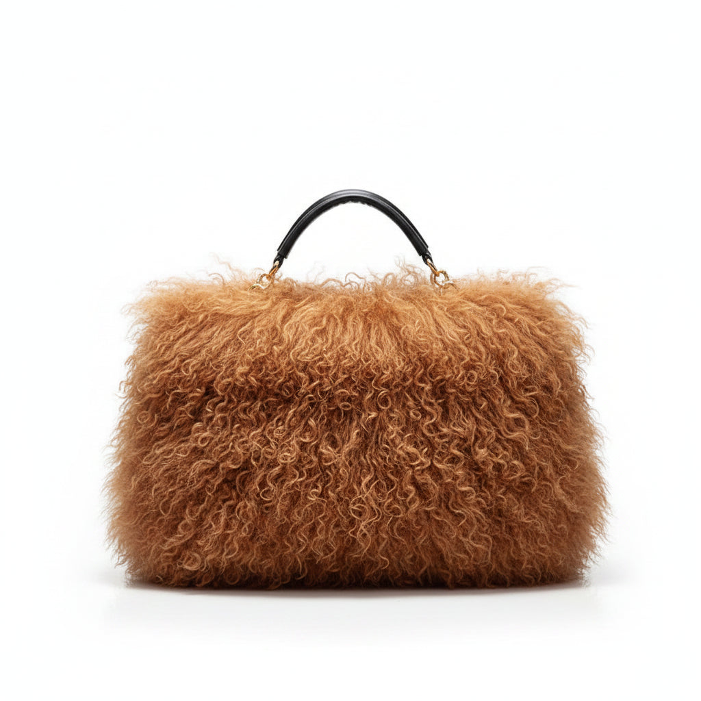 Brown furry handbag on a mannequin against a white background