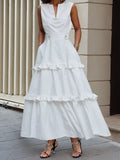 Solid White Flounced Edge Maxi Dress