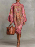 Printed High-Neck Kaftan Midi Dress